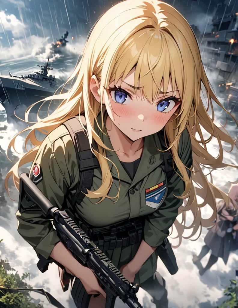 (anime)、(masterpiece:1.2),Atmospheric perspective,Lens flare、Fog of Battlefield、, Makes the world look grey、When it rains, The female soldier is crouching.。With an irritated look on his face, he vows revenge..。Rain-soaked hair、blonde、blue eyes、Space Battleship Yamato、Traces of fierce fighting are everywhere、Smoke rising from everywhere、A work of blurry color M4 Carbine,Possession of a gun