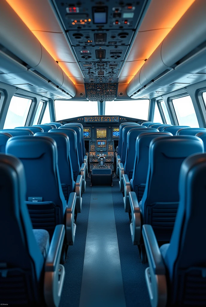 In the cockpit of the aircraft,Camera 45° overlooking the cabin,You can see a lot of airplane seats,Real Effects,No passengers