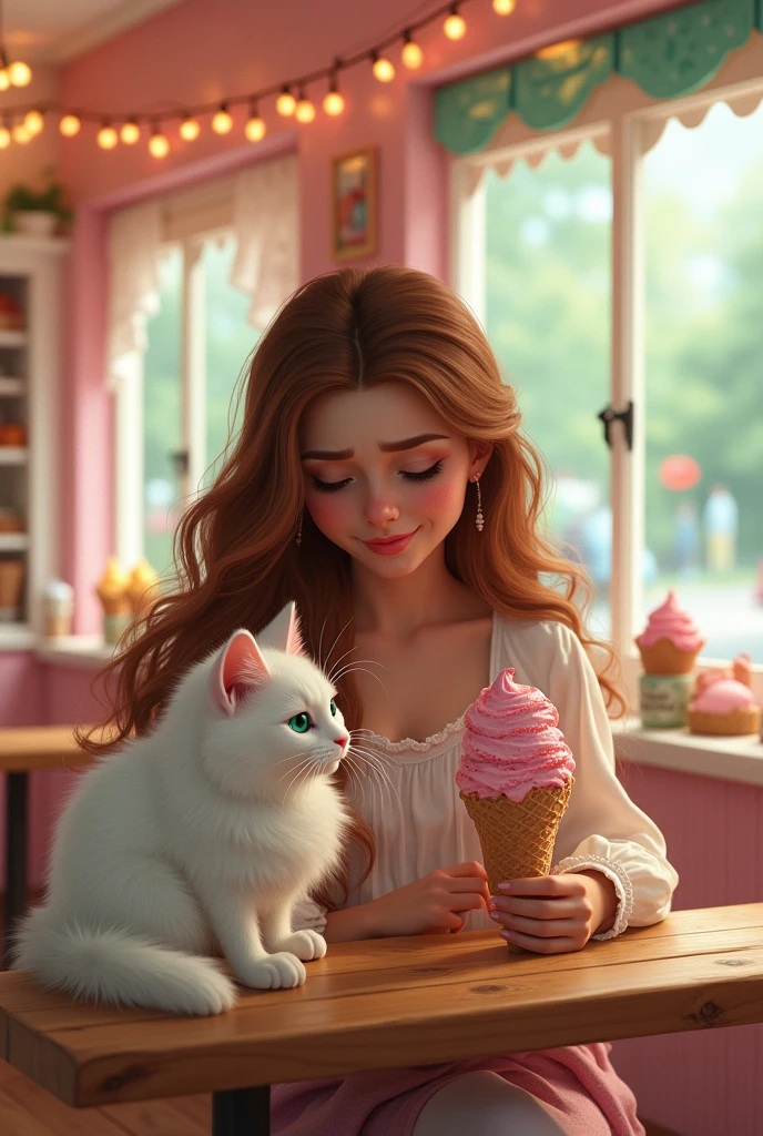 Beautiful woman crying at an ice cream shop with a cat next to her