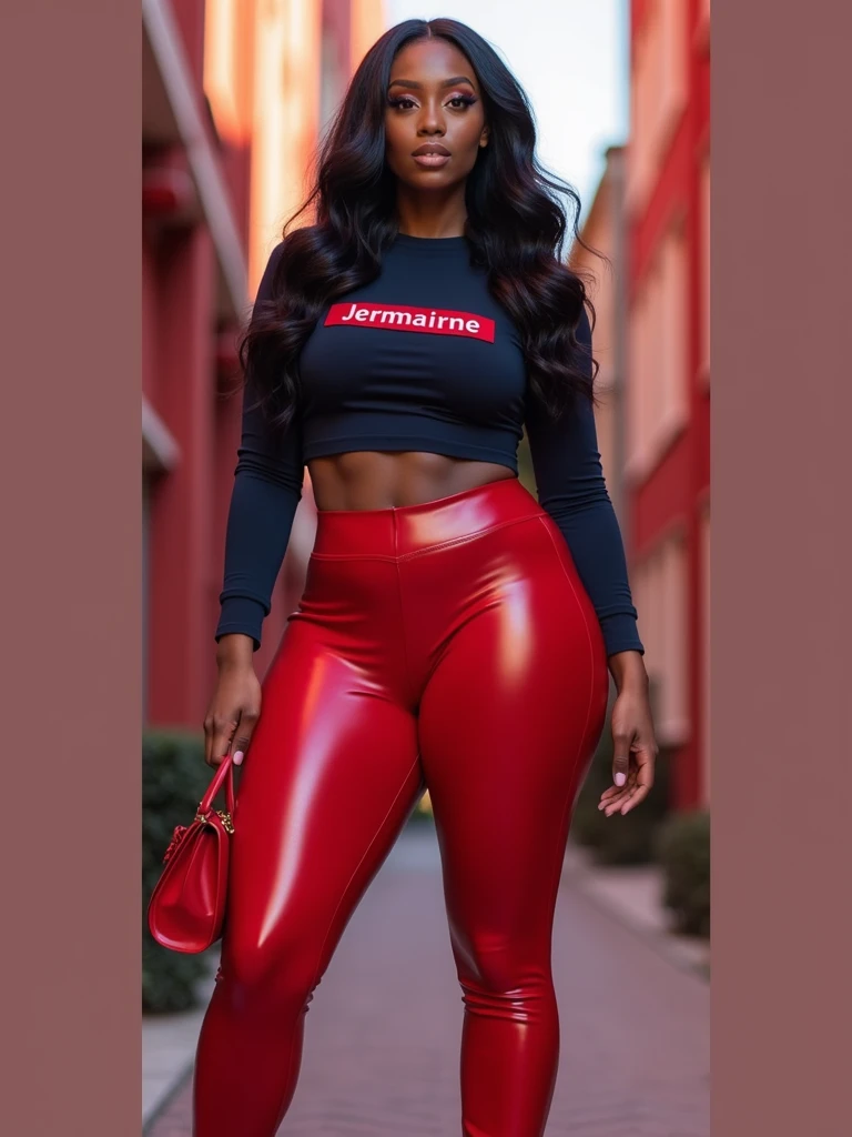 MASSIVE BUTTOCKS, crimson plastic leggings, UHD, She's a dark skin melanin Queen with tiny paper-thin waist, red city, side body, navy blouse says "Jermaine", best quality, sswanky hair, no nudity 