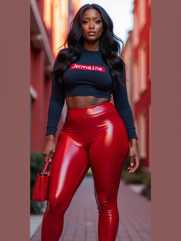 MASSIVE BUTTOCKS, crimson plastic leggings, UHD, She's a dark skin melanin Queen with tiny paper-thin waist, red city, side body, navy blouse says "Jermaine", best quality, sswanky hair, no nudity
