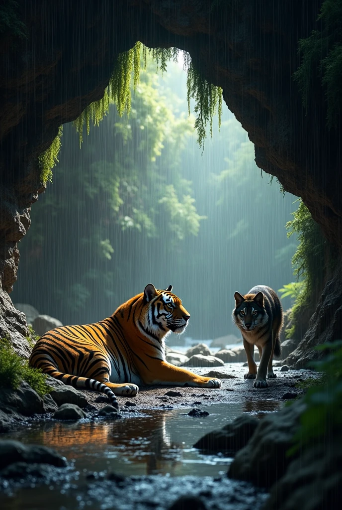 A cave where outside is a forest and rain, and inside there are wolf and tiger. 