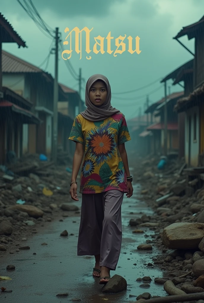 the title of the film is written aesthetically "matsu" with the correct spelling on the front, disaster, very high quality photo, a sad scene, a woman wearing a hijab from Indonesia wearing a t-shirt is walking in panic looking at the situation in the corner of the village, rain, earthquake, full body, realistic, visual effects cool and complicated, looks real and perfect, UHD 64K, very sweet