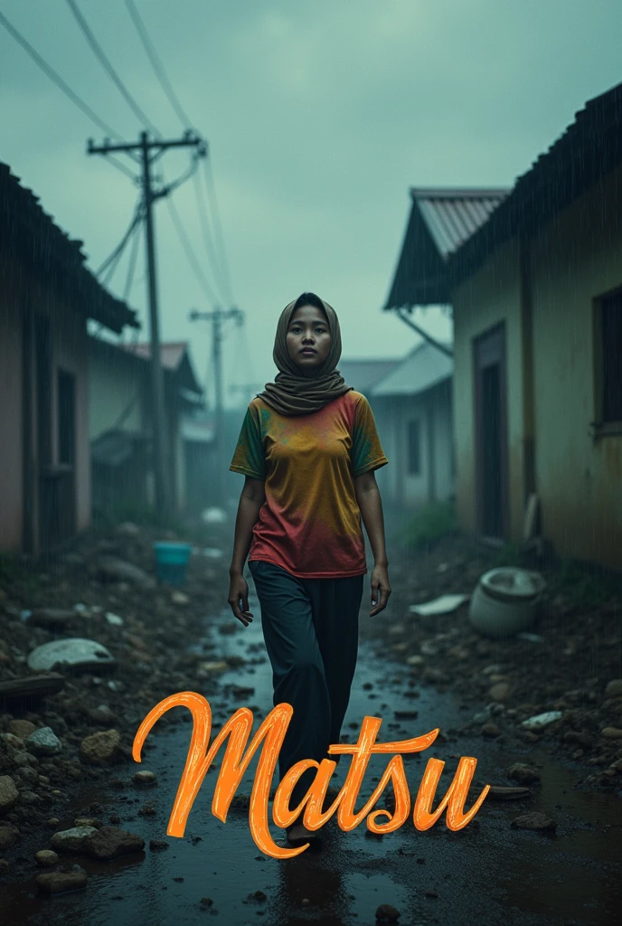 the title of the film is written aesthetically "matsu" with the correct spelling on the front, disaster, very high quality photo, a sad scene, a woman wearing a hijab from Indonesia wearing a t-shirt is walking in panic looking at the situation in the corner of the village, rain, earthquake, full body, realistic, visual effects cool and complicated, looks real and perfect, UHD 64K, very sweet