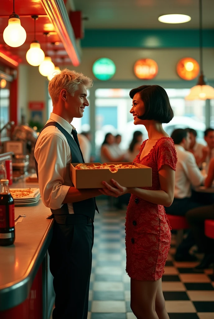 Lincoln joven años 20: Ahem Hello, you ordered a pepperoni pizza with a lemon soda? -The white-haired man asked, blushing when he saw  the woman- becca chang años 38


