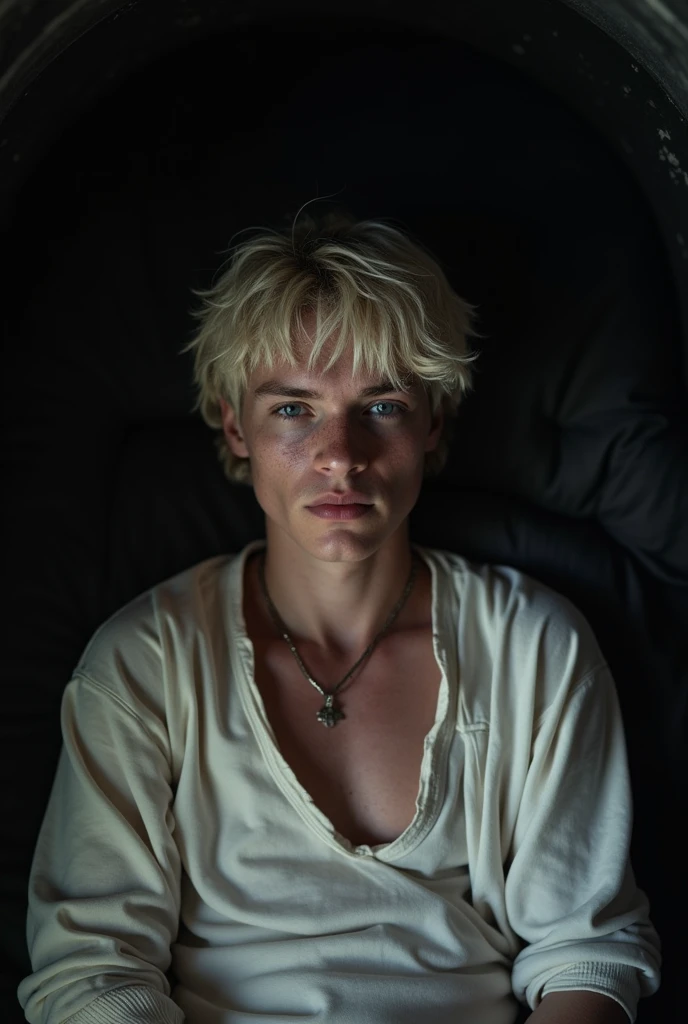 A face of a 18 years old Handsome Sexy Targaryen Prince with round face, He's wearing a white inner loose clothes,his platinum blonde hair undone and irregular, he's afraid and scared, freckles on face,A black hot Walls room background