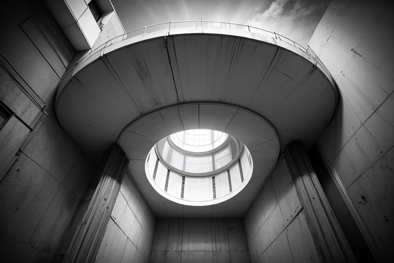 Image of a two-story bunker building, the bunker windows are round and circular they look like sewer pipes, gray and rainy sky, Raby, grayscale buildings, grayscale scenery, there is fog