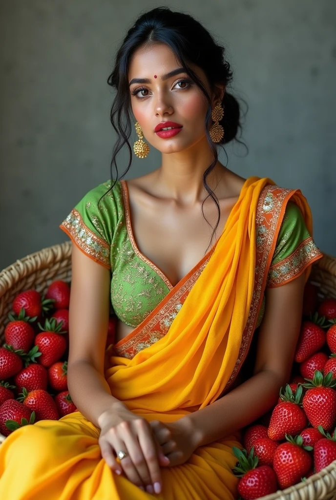 ((Beautiful woman)) perfect pink eyes, fantastic ((full body))((huge breasts, cleavage bulge, tight blouse)), Indian, beautiful look, ((red lips, bright eyes, curve heir 1.5)), ((beautiful details very big breast )), (Straight round and ultra huge clevage, not sagging breast), A glorious gorgeous, glorious gorgeous face, pretty face, bright eyes, detailed elegant printed yellow saree, updo elegant hair, blurred gray tones background, ultra focus, face ilumined, face detailed, 8k resolution, painted, dry brush, brush strokes, razumov style and garmash style, by Tokaito, green bra flower, green, orange blouse,(( inside fruit basket, legs out, lots of strawberries in fruit basket))((strawberries in basket,))((woman sitting inside huge basket, legs out))