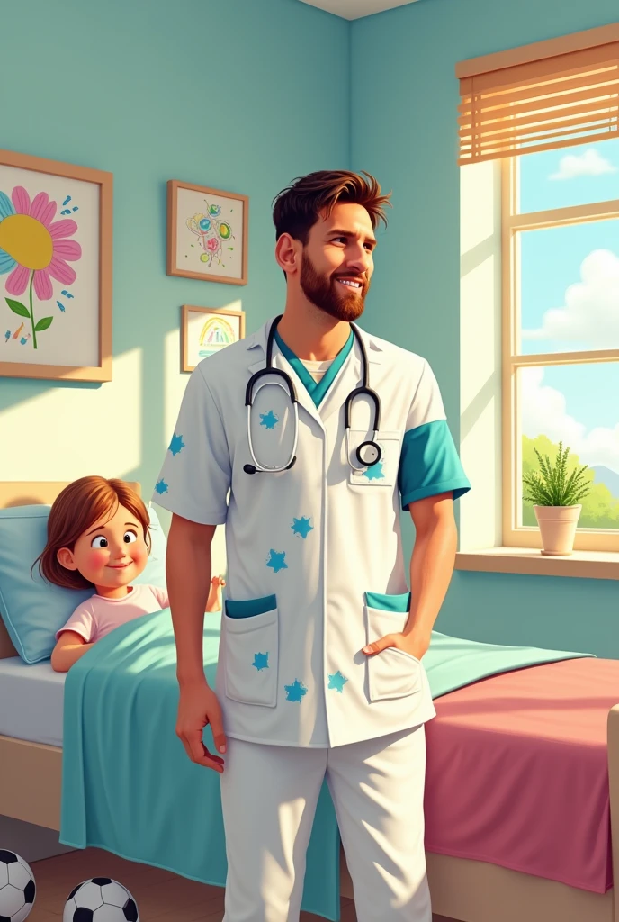Messi dressed as a doctor saying “thank you for listening”