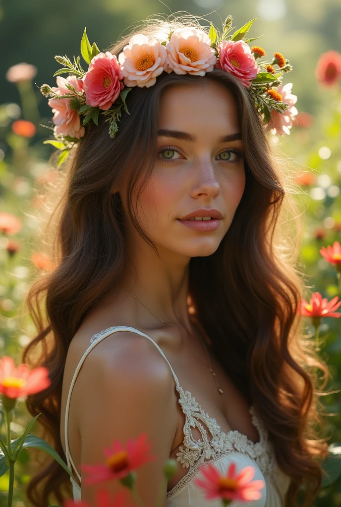 a Serbian girl, beautiful detailed eyes, beautiful detailed lips, extremely detailed face and portrait, long eyelashes, long wavy brown hair, intricate flower crown, soft glowing skin, serene expression, delicate features, elegant pose, standing in a lush garden, sunlight filtering through the trees, vibrant green foliage, colorful wildflowers, (best quality, 4k, 8k, highres, masterpiece:1.2), ultra-detailed, (realistic, photorealistic, photo-realistic:1.37), cinematic lighting, dramatic shadows, warm color palette, muted tones, fantasy, portrait