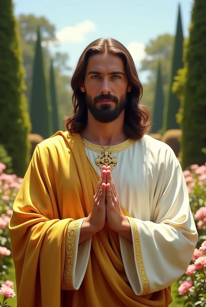 Perfect hand 5 finger, Portrait of a handsome Jesus Christ , wearing the elegant gold clothes of the king in the flower garden, handsome Jesus Christ, real blue eyes, sunny day, intricate details.real handsome Jesus Christ, straight head face, looking to me, Straight body.Prayer handsome Jesus Christ, perfect full body,  perfect give finger,Prayer handsome Jesus Christ, flowers and beautiful trees in the backgrounds natural photographic