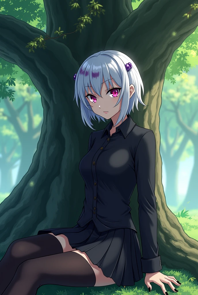 Demon Slayer screenshot, Kimetsu no yaiba, Girl, women, short hair, white hair with purple streaks, at the end purple in the hair, eyes of different color, one eye red and the other eye purple, Demon Slayer Uniform, black skirt, black button down shirt, black painted nails, black socks, sitting under a tree, In the woods, at daytime, relaxed expression, with a lot of chest, no cute, dominant, anime