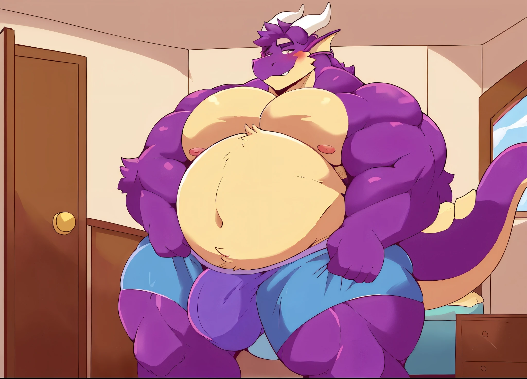 ((Solo)), 1boys, male, very largest, ((bara)), buff, extremely thickened overweight body, ((1000 pounds)), (((massive belly))), (((massive thighs, massive curves, massive pecs, massive biceps))), ((purple)) furred, (((dragon))) with (((dragon horns))), wearing pattern briefs, ((big bulge, detailed crotch, penis outline base, detailed genitalia, fur on crotch, biggest member, very detailed bulge, scrotum outline, hard)), standing, belly rub, bedroom, (looking at viewer), smile, blush, tail shown,