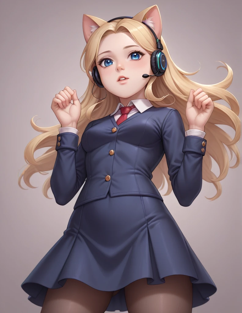 Dynamic pose, 1 person, High resolution, Long Hair, chest, Blushing, Blonde, Cat ear, Blurred, Dutch Angle, earphone, (from below:1.5), buisiness suit, mini skirt, (pantyhouse:1.3)