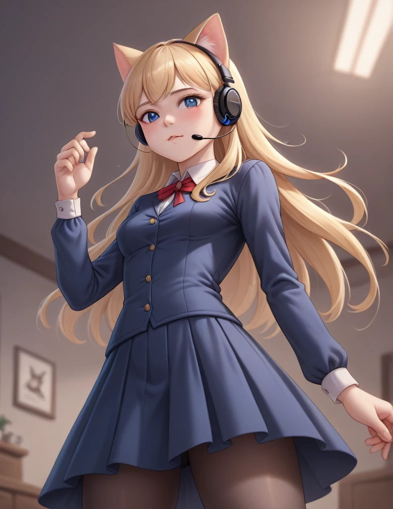 Dynamic pose, 1 person, High resolution, Long Hair, chest, Blushing, Blonde, Cat ear, Blurred, Dutch Angle, earphone, (from below:1.5), buisiness suit, mini skirt, (pantyhouse:1.3)