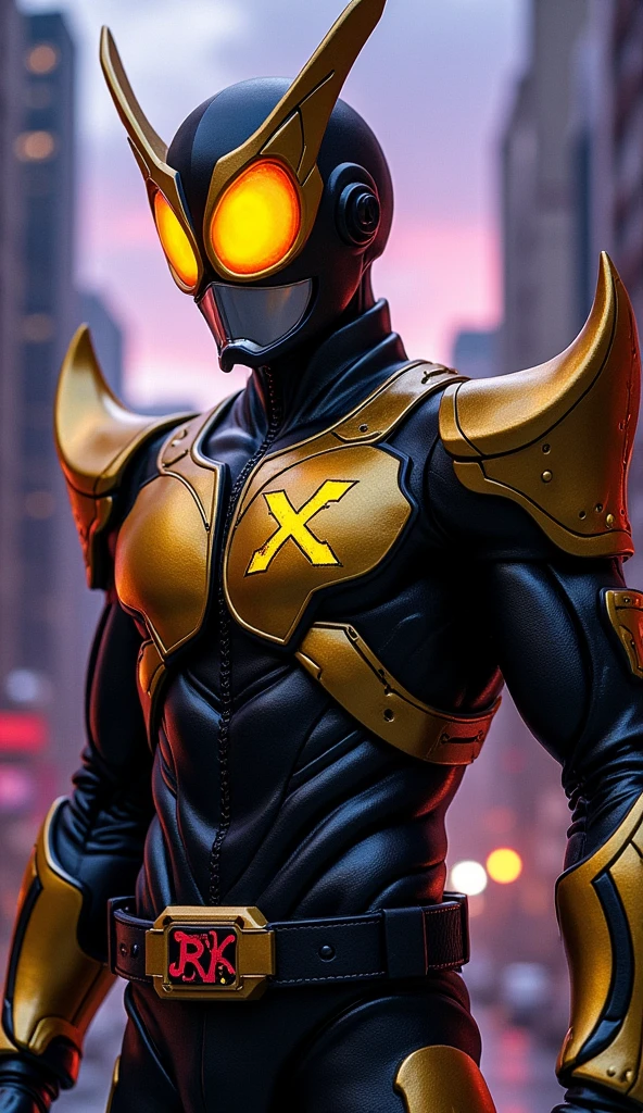((best quality)), ((masterpiece)), (detailed), solo, black and gold, superhero, Kamen rider black RX, On the left chest it says "RX"