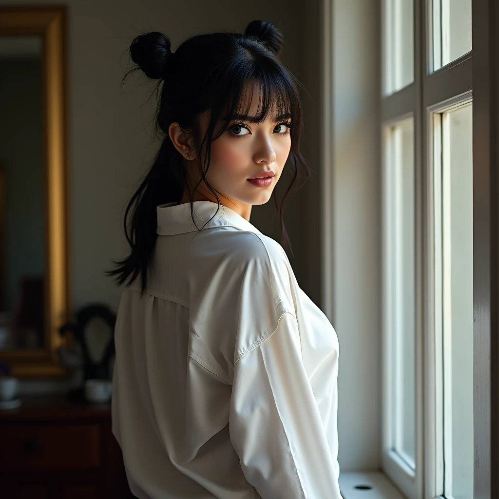 Beautiful 23-year-old Latina woman with a perfect body, impeccable figure, ig template. Black eye makeup, brownish skin, blue eyes , Totally black hair with two pigtails and straight bangs, She is posing for the camera with her back to the viewer, looking over her shoulder. She is wearing a white men's shirt and black garters., She is opening a window, boudoir style photography, extremely sexy, Very hot, Looking at the viewer, captivating all the attention on her, Cinematic lighting of the highest quality done by a professional photographer recognized for taking the best photos
