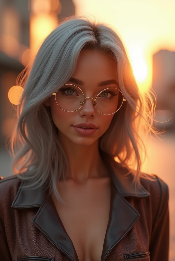 A emma myers,perfect eyes,perfect eyes,grey hair,medium body, winking eyes expression,,put gold oakley glasses, 3d render
