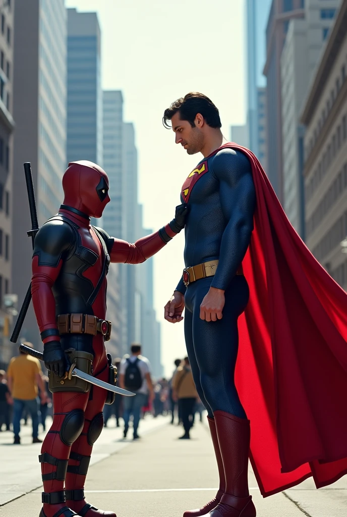 "A vibrant and dynamic scene where Deadpool, dressed in his iconic red and black suit with his dual katanas, meets Henry Cavill's Superman in a bustling, modern city. Superman, in his classic blue and red suit with the flowing cape, hovers slightly above the ground, exuding power and confidence. Deadpool, ever the jokester, is in a humorous pose—perhaps offering a high-five or making a witty remark—while Superman looks slightly amused yet serious. The backdrop is a sunny cityscape with towering skyscrapers and a few people in the background, awestruck by the encounter. The contrast between Deadpool’s chaotic energy and Superman’s calm strength should be emphasized, with detailed facial expressions and body language capturing their unique personalities."