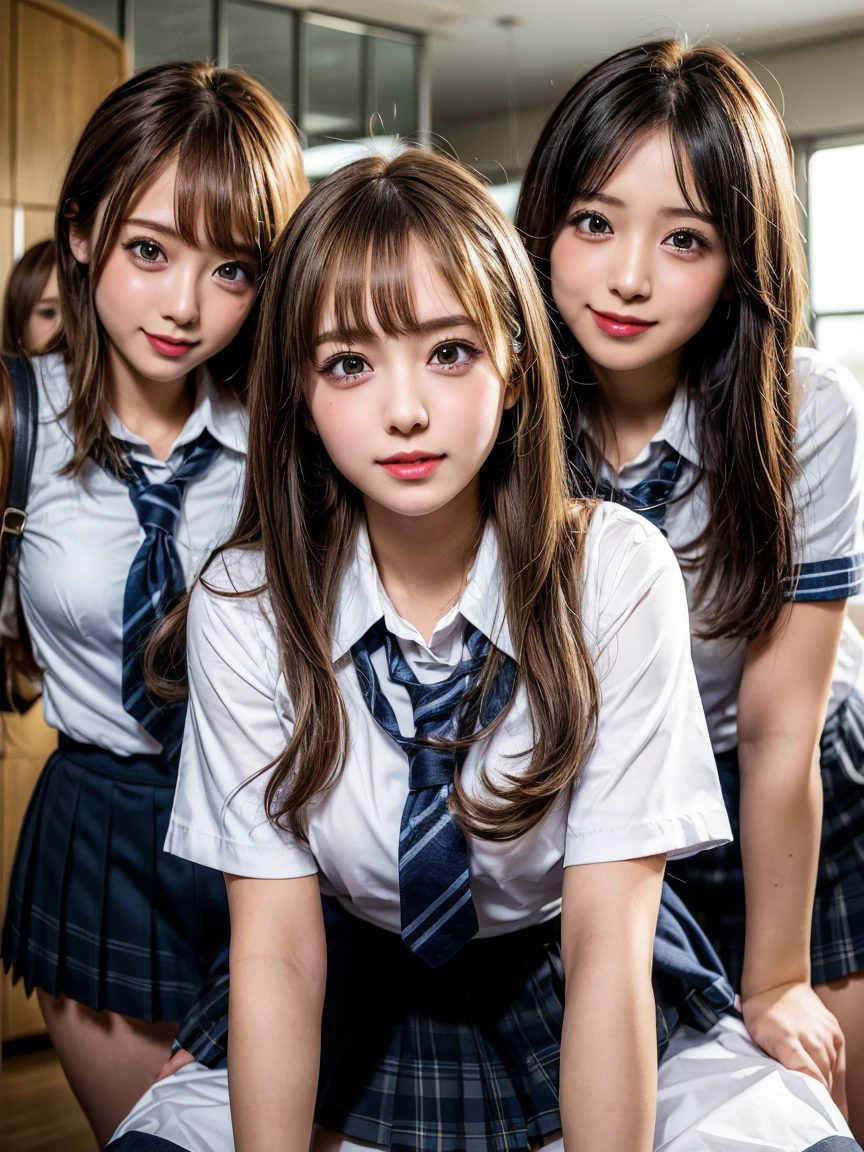Browsing Caution, ((masterpiece)), ((Highest quality)), (Very detailedな), ((cute)), cute, (Multi-point), ((sexy)), (device), ((Very detailed)), 4K, (8k), Highest quality, (beautiful), hyper cute face, shape, Anime Style,hyper Genuineistic, Genuine, Dynamic Angle, ((whole body)), close, Thick outline, Clear contours, at school, (Three Girls, 3 cute girls:1.5), (Schoolgirl Uniform :1.5), beautiful light brown hair, beautiful brown eyes, ((beautiful eyes)), (Leaning forward:1.5), (Under the skirt:1.5), short hair, Big Breasts,  smile