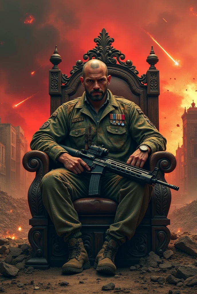 A soldier on a throne and a gun in a chaotic landscape 