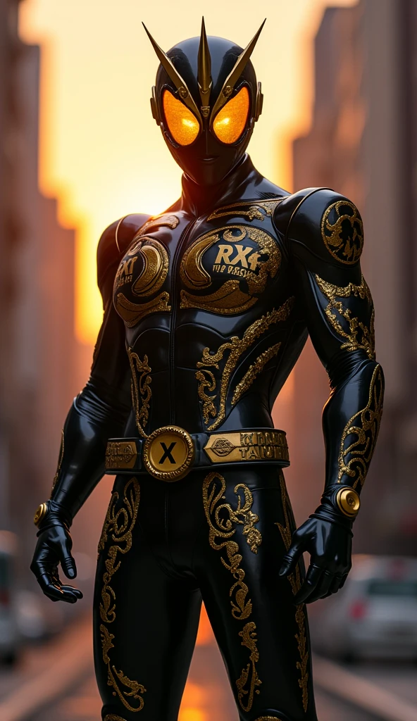 ((best quality)), ((masterpiece)), (detailed), solo, black and gold, superhero, Kamen rider black RX, On the left chest it says "RX"