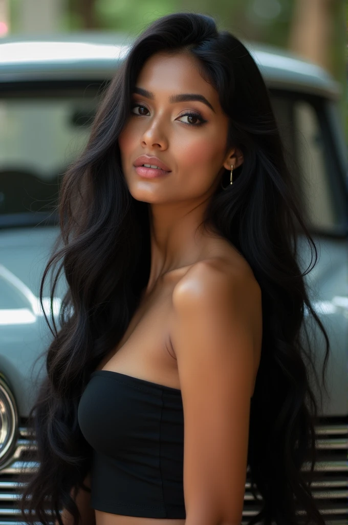 Generate a stunning bold female model with classic Indian features. She is 5’8” tall with fair, flawless skin and long, flowing black hair weight 60kg. Her eyes are large and expressive, with a warm brown color, framed by thick lashes. She has high cheekbones, a well-defined jawline, and full lips with a natural pink hue  that enhances her beauty, making her the focal point of the image
Showcasing the all Tata curve on her background.
