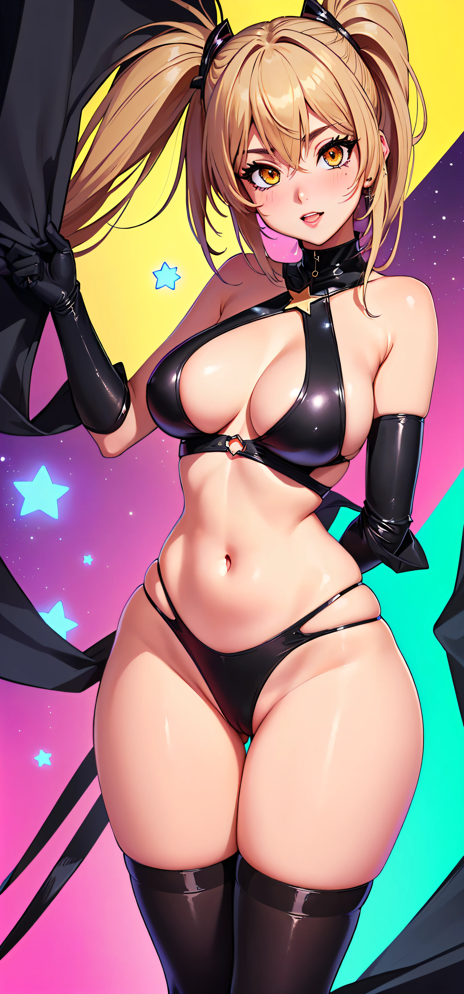 a cartoon picture of a woman in a black outfit and a star, thicc, cutesexyrobutts, oppai cyberpunk, ( ( misa amane # ) ), oc commission, monokini, android 18, misa amane *, commission for high res, lola bunny fanart, ecchi anime style, oppai, anya from spy x family, ((green eyes)), (((character front, side and back view))), curvy, thick legs