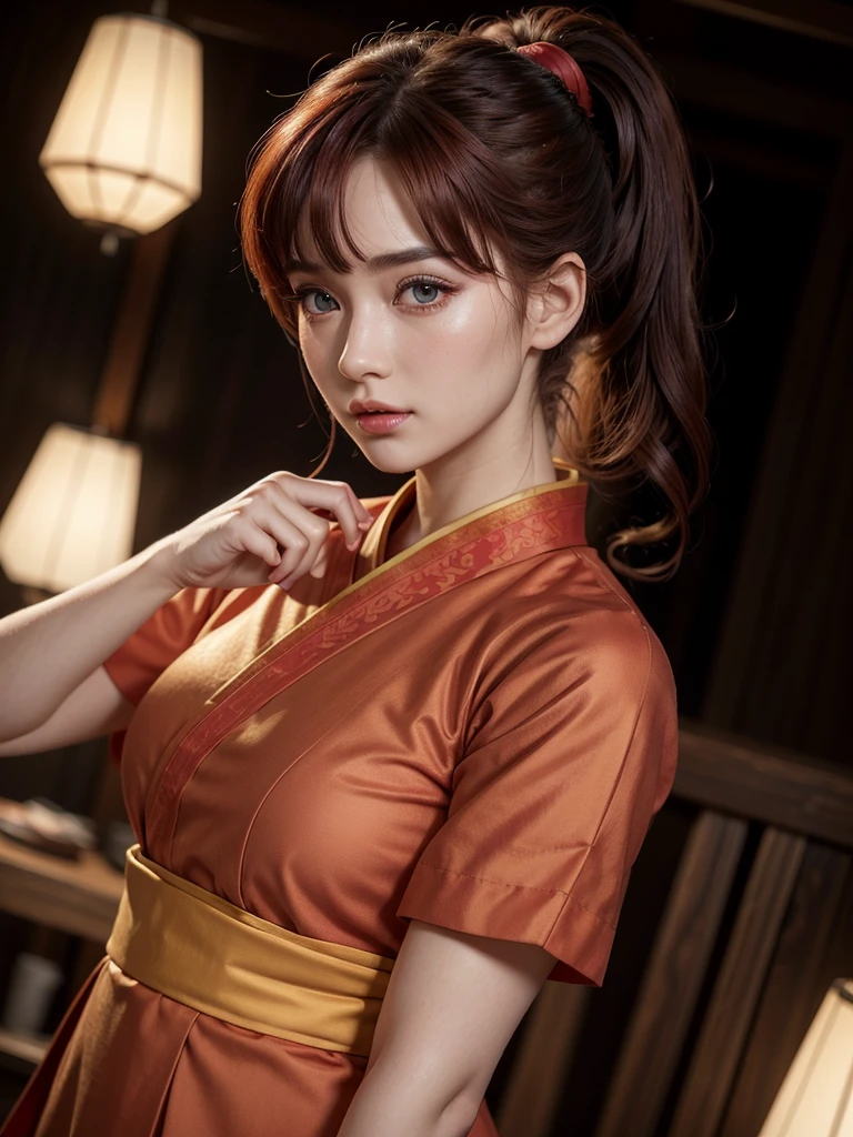 a realistic version of female Ranma, 1girl, beautiful detailed eyes, beautiful detailed lips, extremely detailed face and skin, long eyelashes, redhead, ponytail, detailed clothing, red qipao dress, detailed kimono, detailed martial arts stance, photo-realistic, 8k, masterpiece, high quality, beautiful lighting, vivid colors