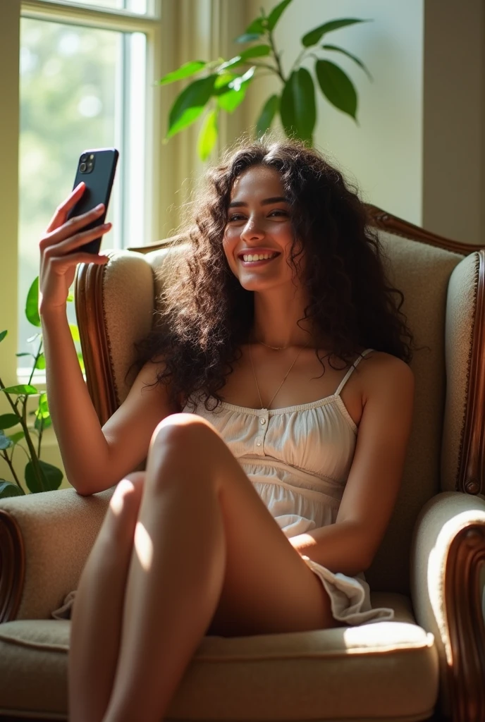 A brunette girl with curly hair and big breasts sits with her legs stretched out, taking a realistic photo