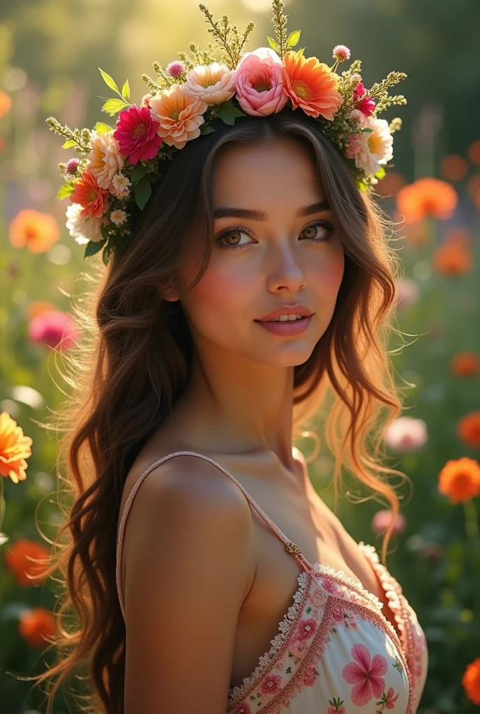 a croatian girl, beautiful detailed eyes, beautiful detailed lips, extremely detailed face and portrait, long eyelashes, long wavy brown hair, intricate flower crown, soft glowing skin, serene expression, delicate features, elegant pose, standing in a lush garden, sunlight filtering through the trees, vibrant green foliage, colorful wildflowers, (best quality, 4k, 8k, highres, masterpiece:1.2), ultra-detailed, (realistic, photorealistic, photo-realistic:1.37), cinematic lighting, dramatic shadows, warm color palette, muted tones, fantasy, portrait