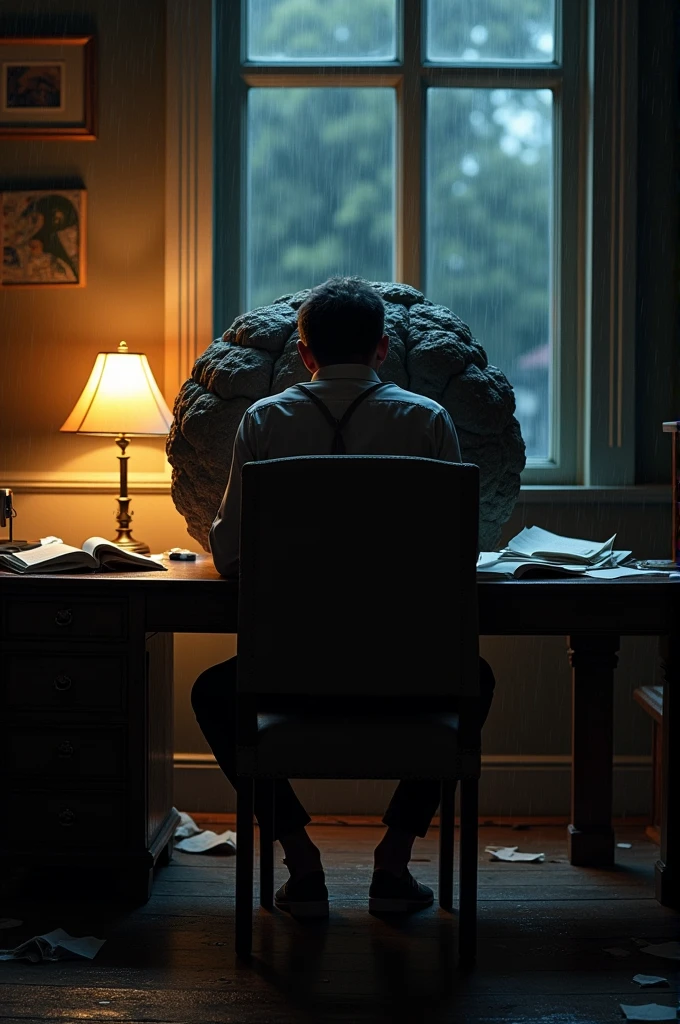 A person sitting at a desk with a heavy weight on their shoulders or chest, representing the body’s limitations on intellectual activities.