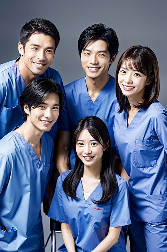 dentist Two men and two women All wearing black medical scrubs, Japanese, black hair, late 20s Main upper body smile Black high resolution Highest quality