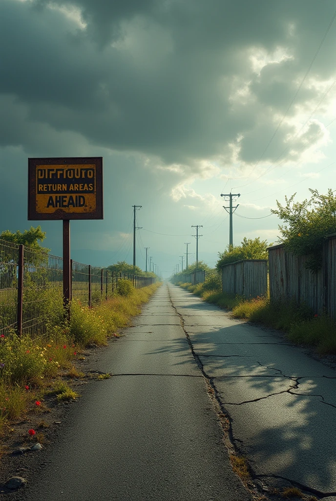 「What's next、Difficult-to-return areas」A deserted road with a sign that reads