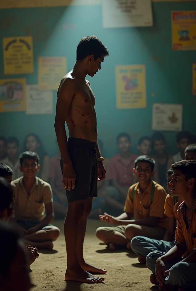 13 years aged Indian shirtless boy is beated by 60 years Indian teacher in the class room. Boy has wounds on the body. 30 students are seeing that incident, students are sitting on the floor.