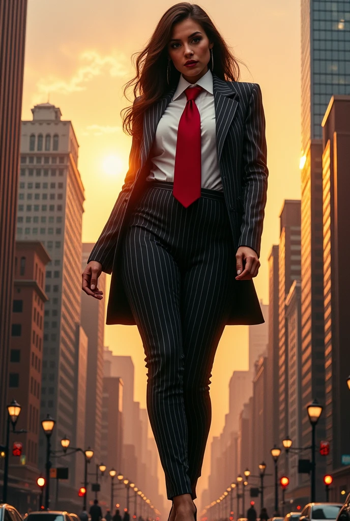 Giantess, larger than a city, big breasts and curvy, long hair, pinstriped suit, white shirt, wide red tie, Windsor knot, whole body view, rounded court heels.
