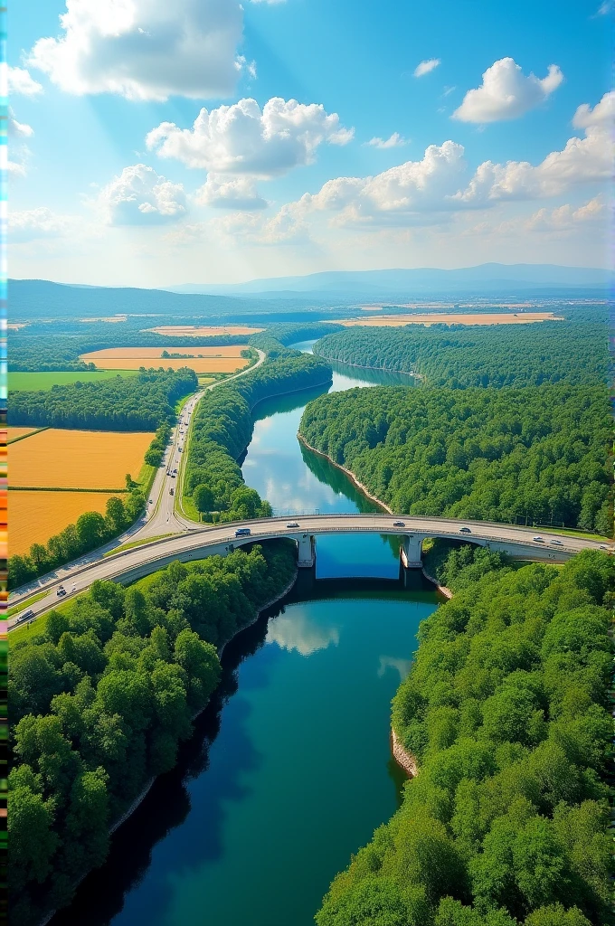 There are substations、river、bridge、forest、highway、Farmland scene top view