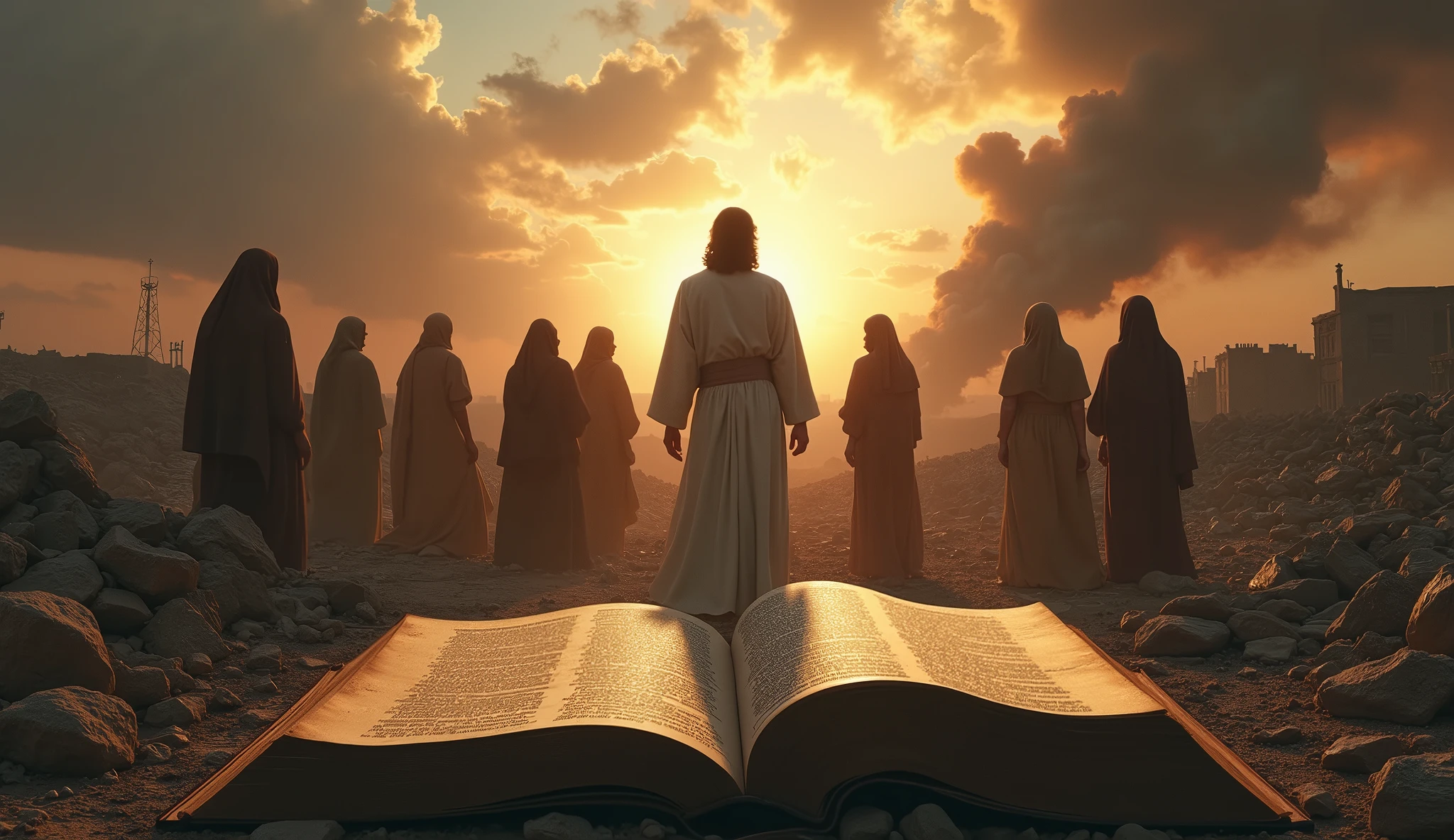 In a war place jesus is protecting women with dimples in the background the foreground of the image in the middle keep the bible