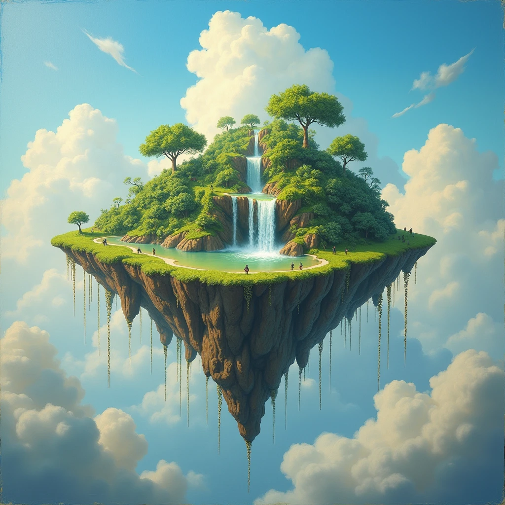 A surreal (oil painting:1.7) of a floating island in the sky, with a lush, green forest growing on top and waterfalls cascading down into the clouds. The island is connected to the ground by a series of delicate, golden chains that shimmer in the sunlight. The painting blends realism with fantasy, creating a dreamlike scene that feels both magical and tangible. 4K, masterpiece, ultra detailed.