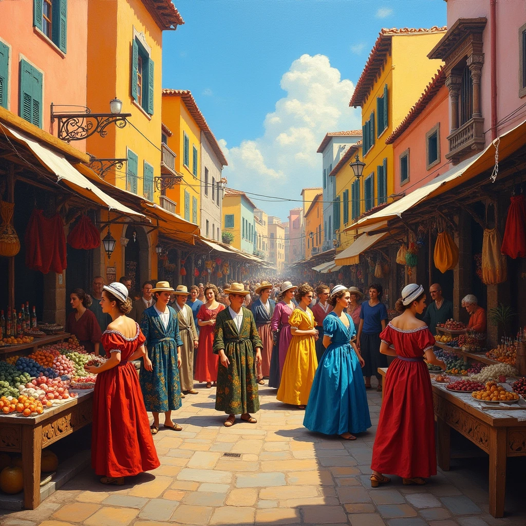 An (oil painting:1.7) depicting a bustling marketplace in a vibrant, colorful city from a bygone era. The streets are filled with people in elaborate, period costumes, and the stalls are overflowing with exotic goods. The painting is rich with detail, from the intricate patterns on the clothing to the lively expressions on the faces of the merchants and customers. 4K, masterpiece, ultra detailed.