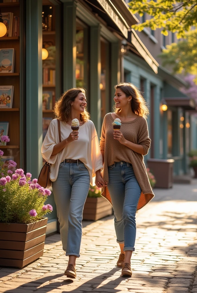 Women are walking hand in hand in front of a bookstore, holding ice cream in their hands.