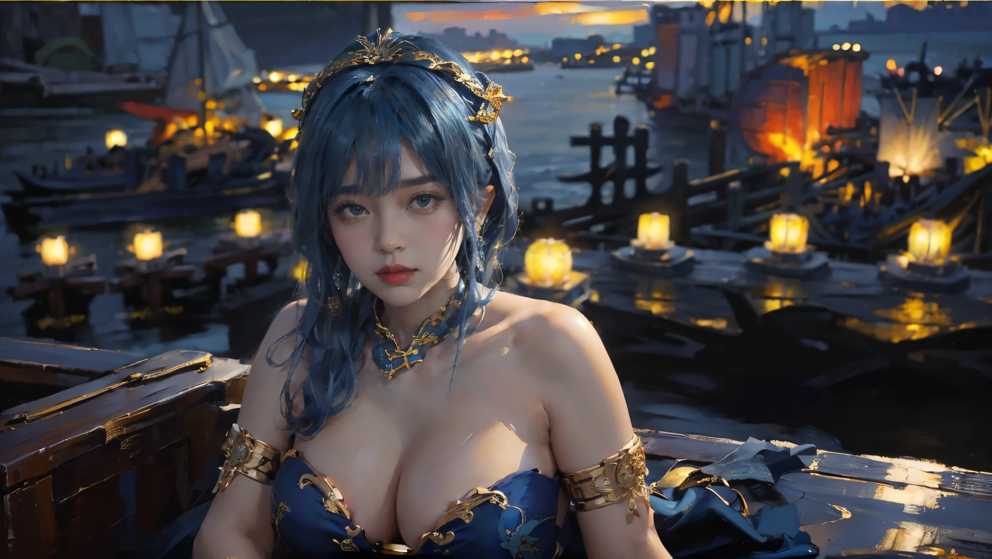 (The huge harbor in the background:1.5),Oil painting style,The girl is on the other side,,Gold headdress,(Blue medium hair:1.2),Late Night,(Blue cheongsam:1.2),(Metal:1.2),(Fat Face:1.2),(Upper body:1.),(Blue armlet:1.1),Crimson lips,With bangs