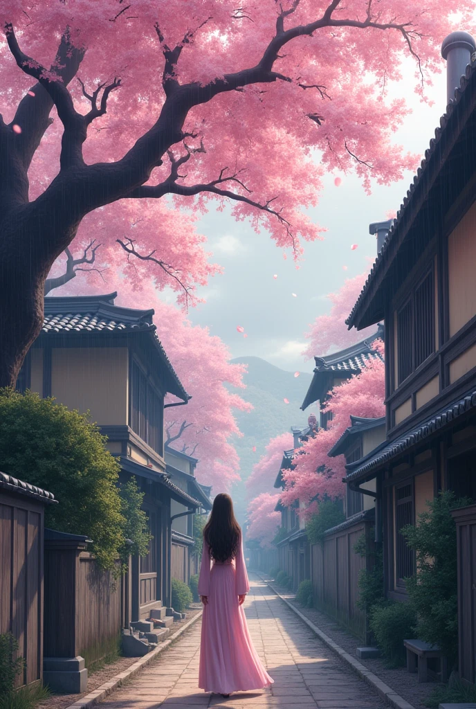 ((Ultra-realistic details.) (masterpiece, Top quality, best quality, Official Art, Beauty and aesthetics: 1.2), Very detailed, rich and colorful, Most detailed, Branches, architecture, Barbed Wire, Cherry blossoms, Fence, Long hair, outdoor, petal, landscape, rain, Trees, Sky, street, real