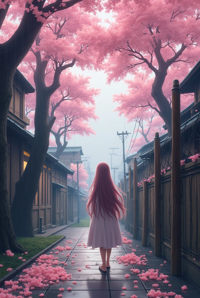 ((Ultra-realistic details.) (masterpiece, Top quality, best quality, Official Art, Beauty and aesthetics: 1.2), Very detailed, rich and colorful, Most detailed, Branches, architecture, Barbed Wire, Cherry blossoms, Fence, Long hair, outdoor, petal, landscape, rain, Trees, Sky, street, real