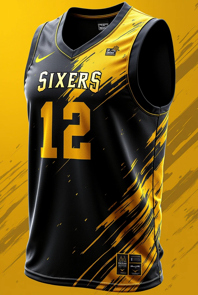 create a basketball jersey design with these details please:
team name: sixers
colors: black and yellow
looks: design it like japanese samurai theme and add the player's number
font style: modern text
logos: no logo is fine