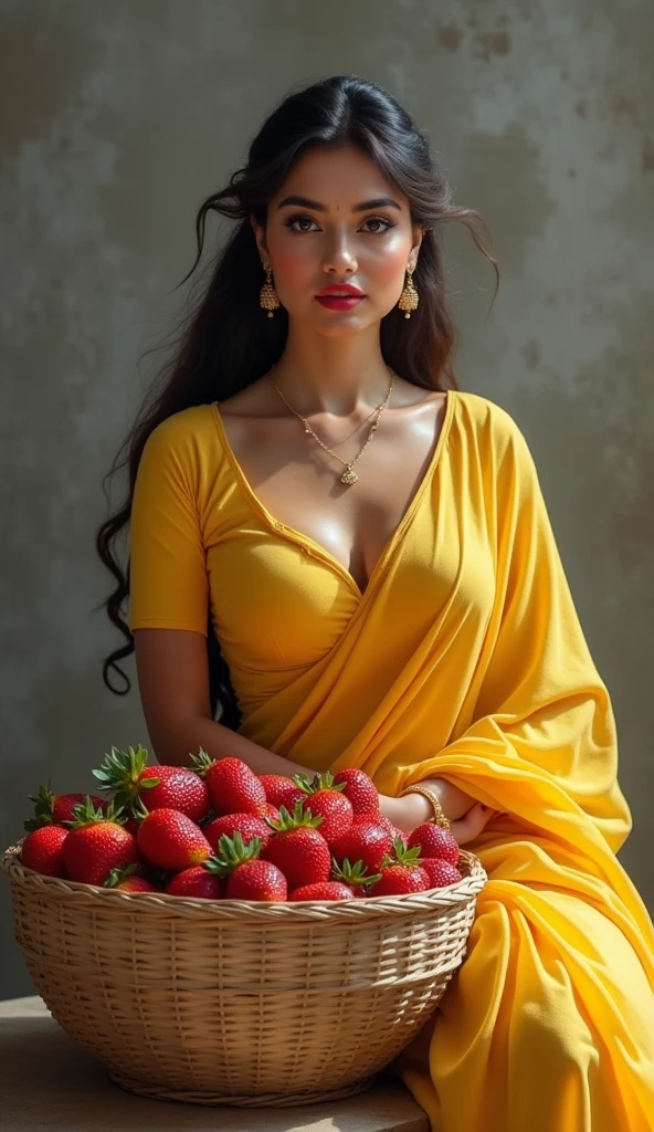 ((Beautiful woman)) perfect pink eyes, fantastic ((full body))((huge breasts, cleavage bulge, tight blouse)), Indian, beautiful look, ((red lips, bright eyes, curve heir 1.5)), ((beautiful details very big breast )), (Straight round and ultra huge clevage, not sagging breast), A glorious gorgeous, glorious gorgeous face, pretty face, bright eyes, detailed elegant printed yellow saree, updo elegant hair, blurred gray tones background, ultra focus, face ilumined, face detailed, 8k resolution, painted, dry brush, brush strokes, razumov style and garmash style, by Tokaito, green bra flower, green, orange blouse,(( inside fruit basket, legs out, lots of strawberries in fruit basket))((strawberries in basket,))((woman sitting inside huge basket, legs out))(Chitrangada Singh))