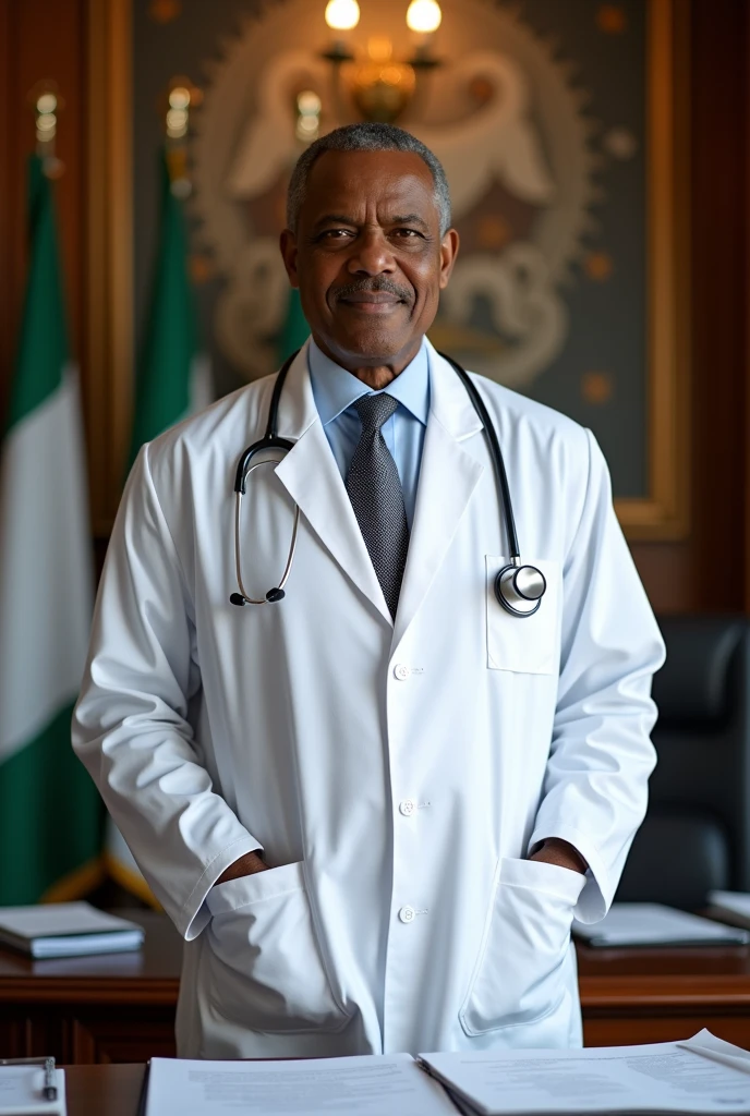 The president of Nigeria dressed as a doctor