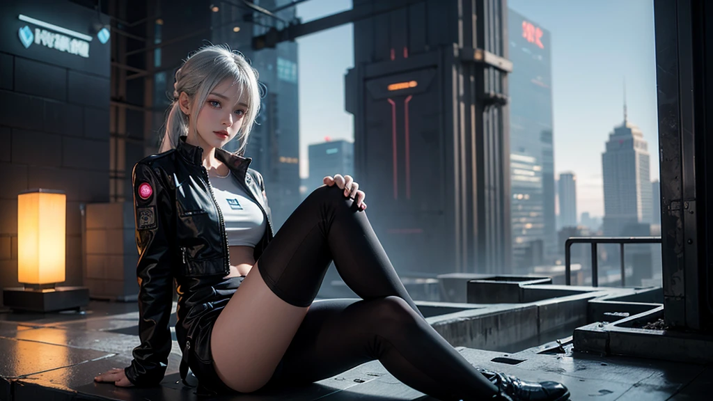 A silver-haired woman sitting by the wall, Cyberpunk Anime Art, Women's race wears ultra-thin white lace bikini,Sexy pose,(Huge breasts: 1.2),(((Breast close-up)), , (((Open your legs))),((((whole body,))))Sci-fi headdress, Beautiful sci-fi background highlights sexy female racer in skimpy white lace bikini,Female Expression,Ray Tracing,nvidia RTX,Super Resolution,Unreal 5,Subsurface scattering,PBR Textures,Post-Processing,Anisotropic filtering,Depth of Field,Maximum clarity and sharpness,Multi-layered textures,Albedo and Specular Maps, Surface Shading,Accurately simulate the interaction of light and materials,Perfect proportion,Octane Rendering,Two-color lighting,Low ISO,White Balance,Rule of Thirds,Large aperture,8K Original,High-efficiency sub-pixel,Film Grain,Glowing particles,Facing the camera,Looking at the audience,Golden Section,8K HD Wallpaper。