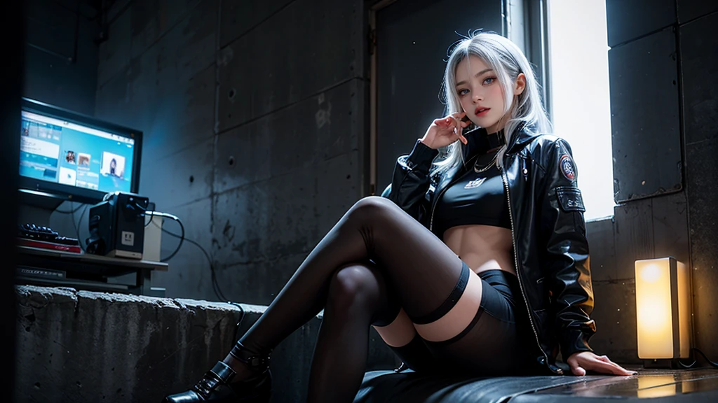 A silver-haired woman sitting by the wall, Cyberpunk Anime Art, Women's race wears ultra-thin white lace bikini,Sexy pose,(Huge breasts: 1.2),(((Breast close-up)), , (((Open your legs))),((((whole body,))))Sci-fi headdress, Beautiful sci-fi background highlights sexy female racer in skimpy white lace bikini,Female Expression,Ray Tracing,nvidia RTX,Super Resolution,Unreal 5,Subsurface scattering,PBR Textures,Post-Processing,Anisotropic filtering,Depth of Field,Maximum clarity and sharpness,Multi-layered textures,Albedo and Specular Maps, Surface Shading,Accurately simulate the interaction of light and materials,Perfect proportion,Octane Rendering,Two-color lighting,Low ISO,White Balance,Rule of Thirds,Large aperture,8K Original,High-efficiency sub-pixel,Film Grain,Glowing particles,Facing the camera,Looking at the audience,Golden Section,8K HD Wallpaper。
