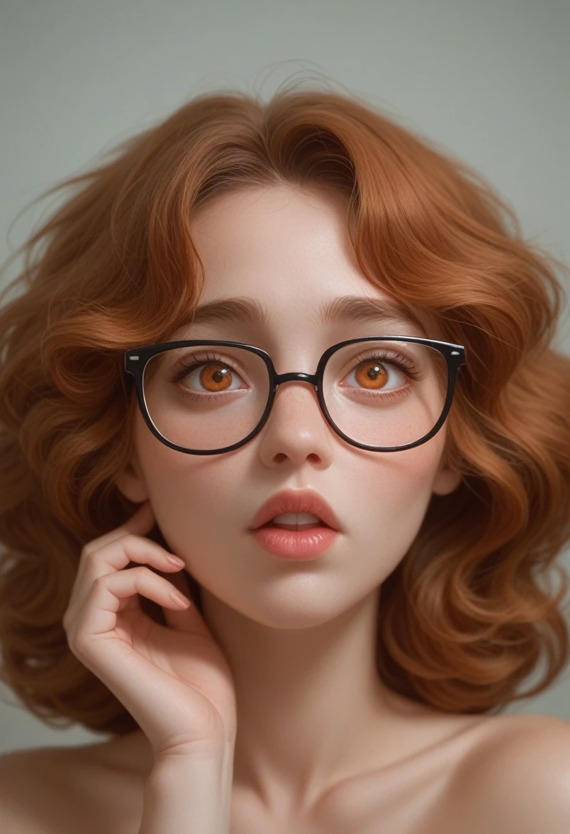 A breathtaking and vibrant painting of a 3D Pixar Disney character depicting a woman with large expressive eyes and exaggerated facial features. He looks erotically over his glasses. Her wavy amber hair is styled in two tousled buns, with a few loose strands framing her face. The glasses she holds in her hand frame her eyes, and her full lips express shock. The subject stares erotically and intently at the viewer over his glasses, naked. The background is softly lit and deliberately blurred.